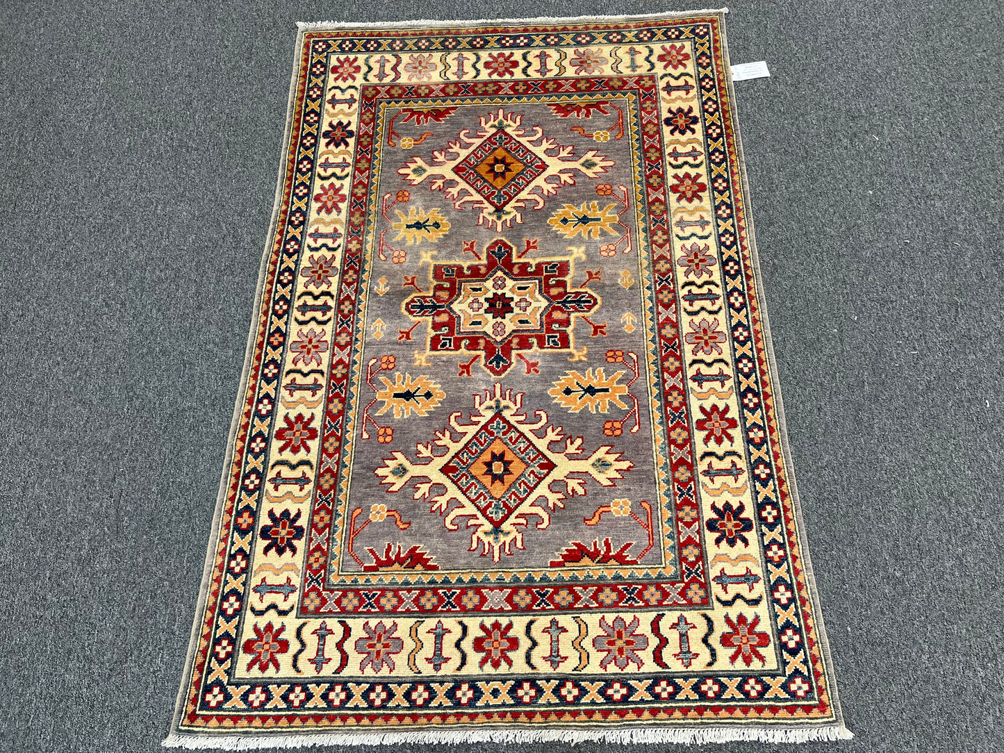 Kazak Geometric Gray 4X6 Wool Handmade Rug # 13766