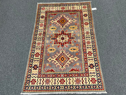 Kazak Geometric Gray 4X6 Wool Handmade Rug # 13766