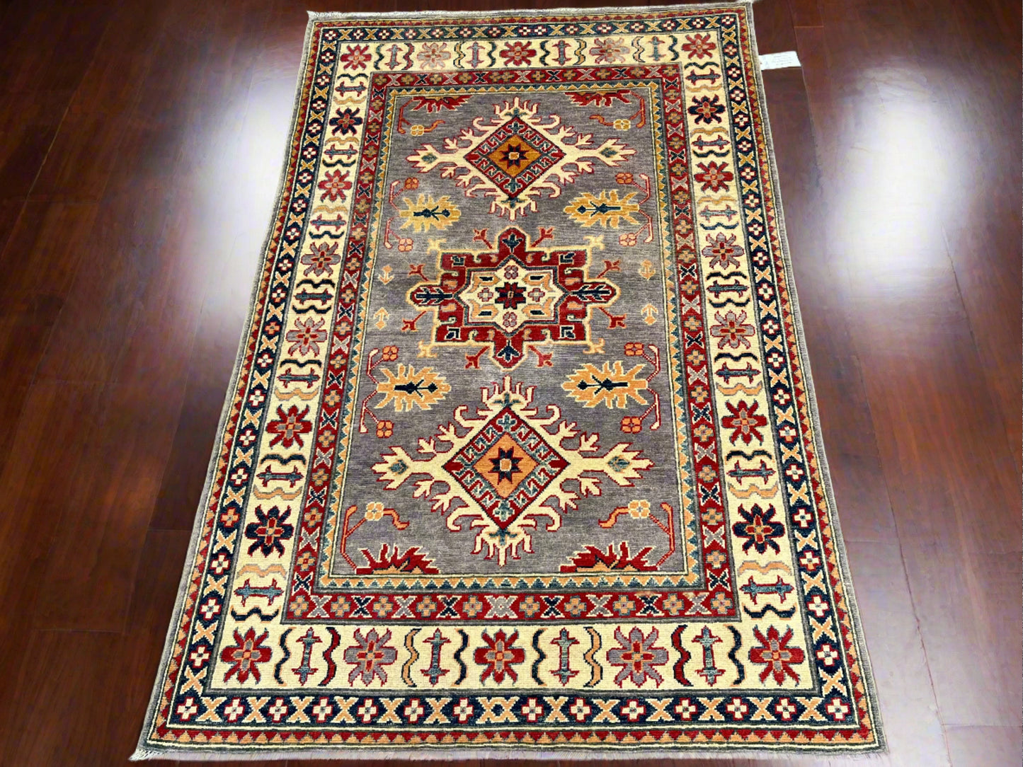 Kazak Geometric Gray 4X6 Wool Handmade Rug # 13766