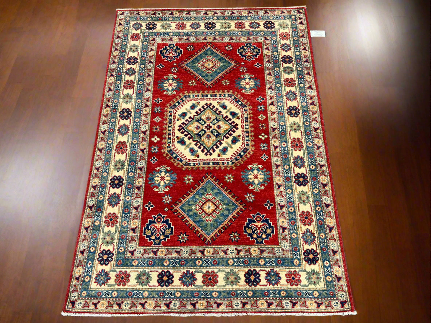 Kazak Red Geometric 4X6 Wool Handmade Rug # 13770