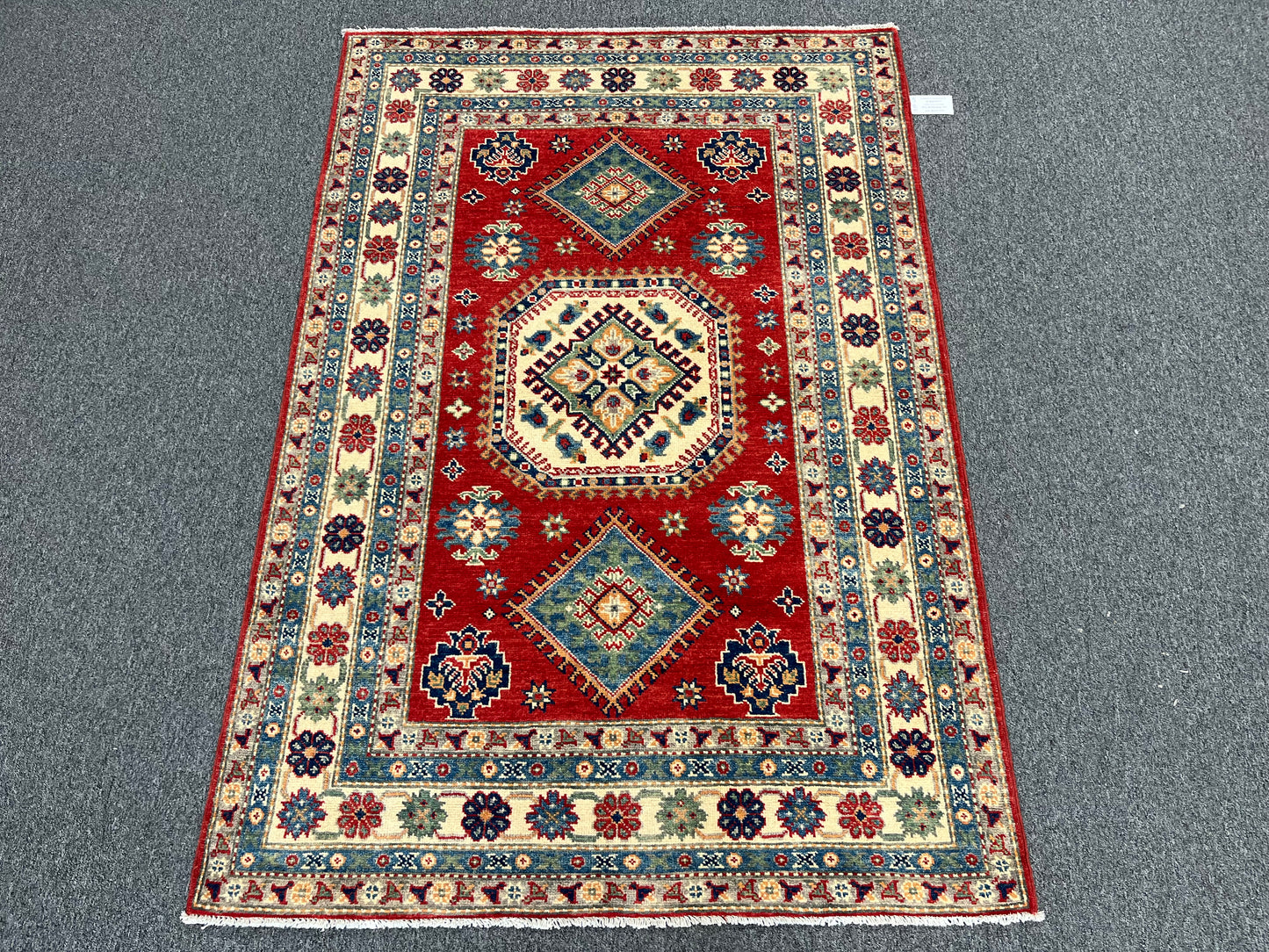 Kazak Red Geometric 4X6 Wool Handmade Rug # 13770