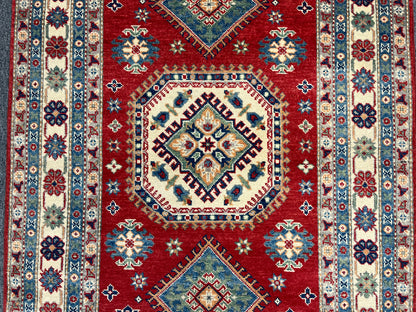 Kazak Red Geometric 4X6 Wool Handmade Rug # 13770