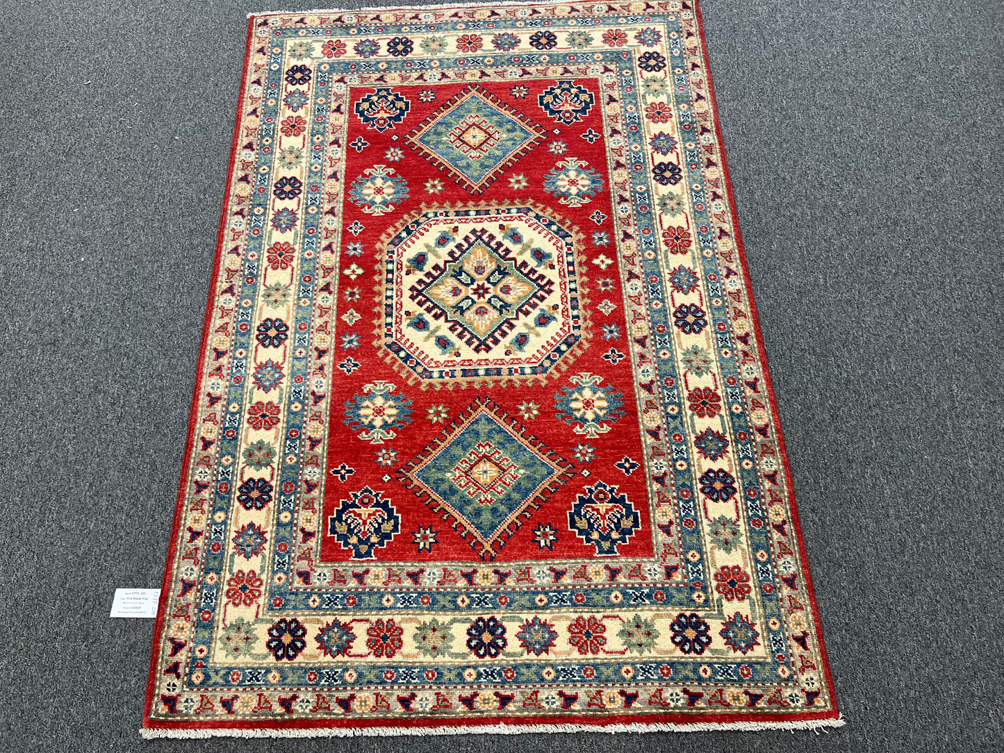 Kazak Red Geometric 4X6 Wool Handmade Rug # 13770