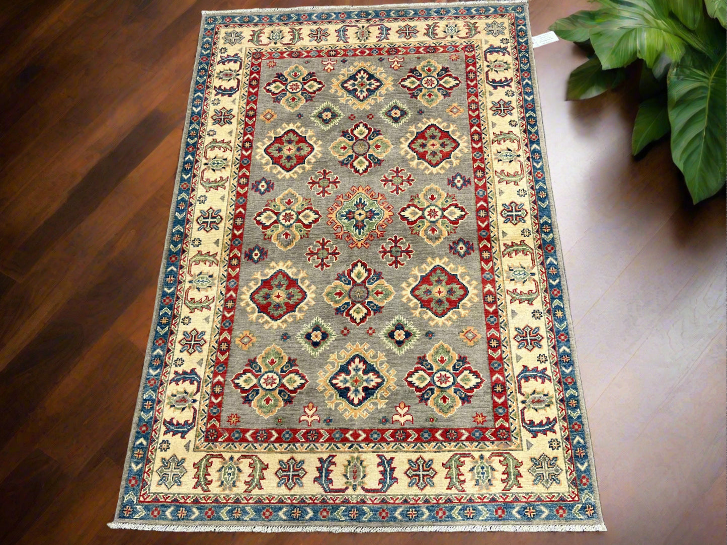 Gray Kazak 4X6 Wool Handmade Rug # 13761