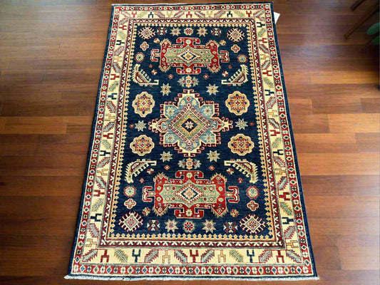 Navy Blue Kazak Rug 4X6 Wool Hand-knotted # 13696