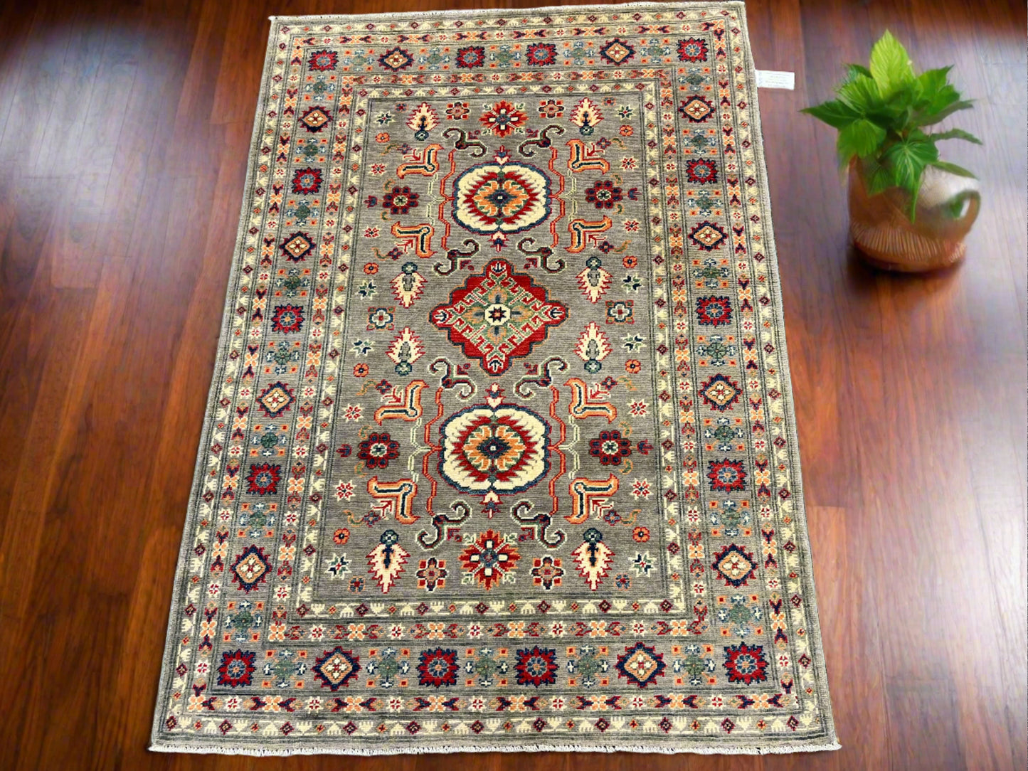 Gray Kazak 4X6 Wool Handmade Rug # 13692