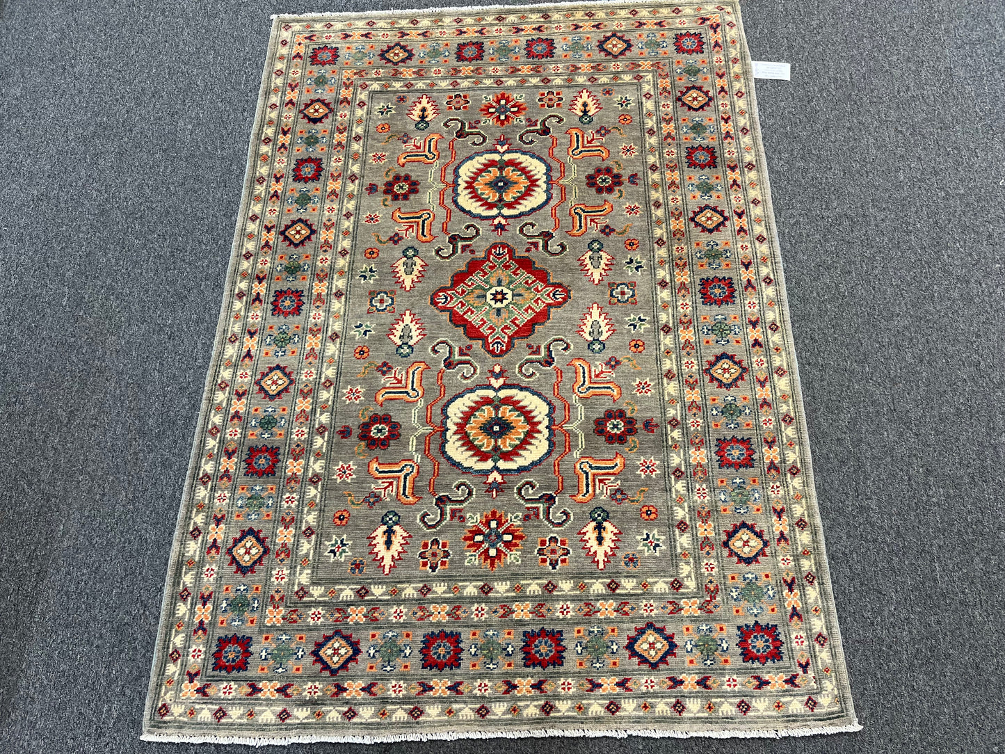 Gray Kazak 4X6 Wool Handmade Rug # 13692