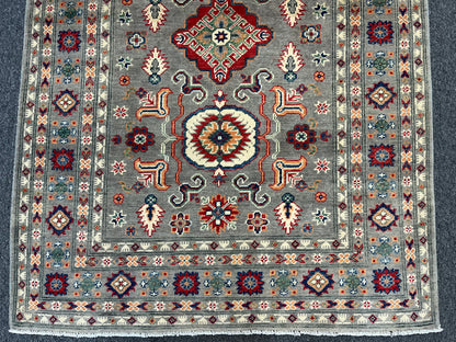 Gray Kazak 4X6 Wool Handmade Rug # 13692