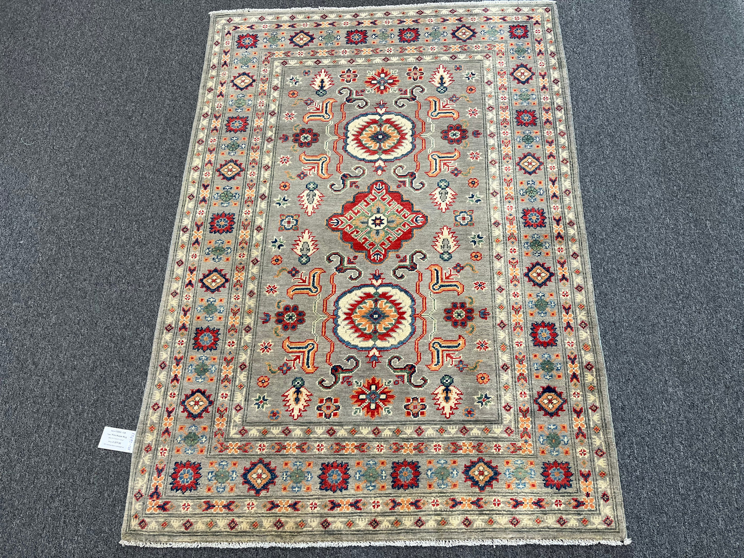 Gray Kazak 4X6 Wool Handmade Rug # 13692