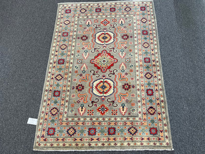 Gray Kazak 4X6 Wool Handmade Rug # 13692