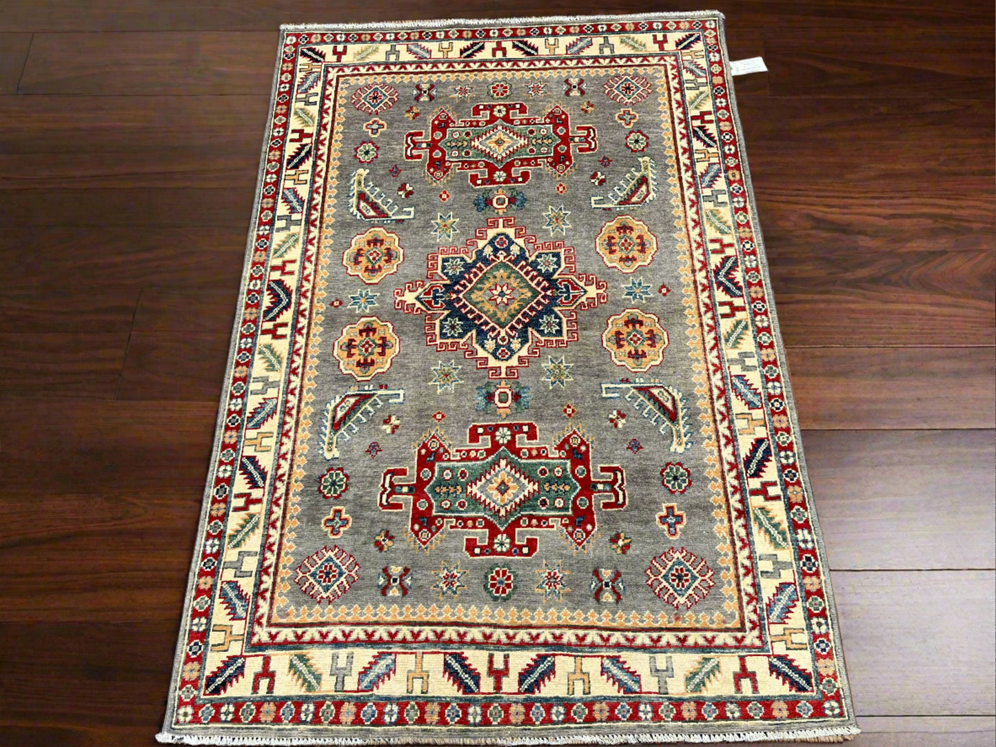 Gray Kazak Geometric 4X6 Handmade Wool Rug # 13763