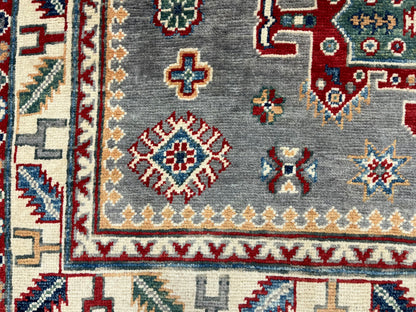 Gray Kazak Geometric 4X6 Handmade Wool Rug # 13763