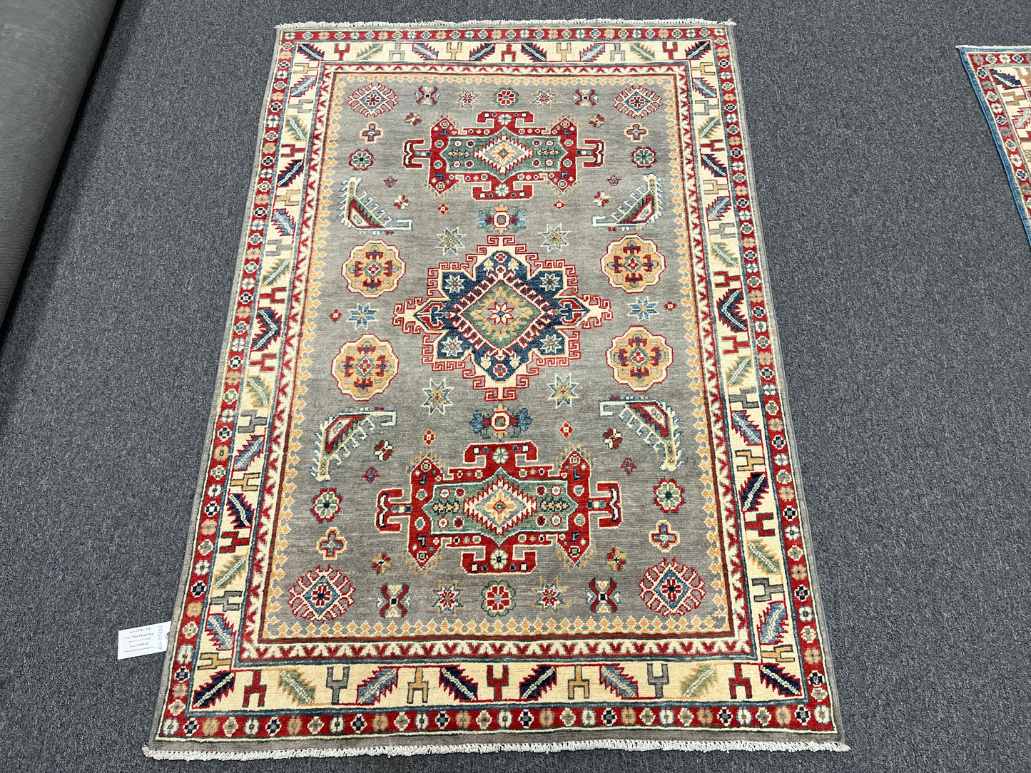 Gray Kazak Geometric 4X6 Handmade Wool Rug # 13763