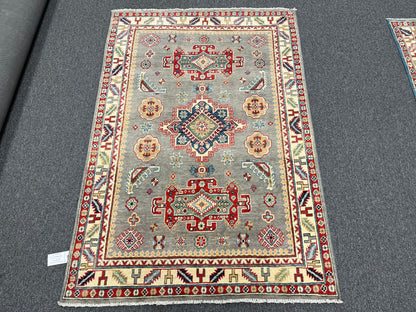 Gray Kazak Geometric 4X6 Handmade Wool Rug # 13763