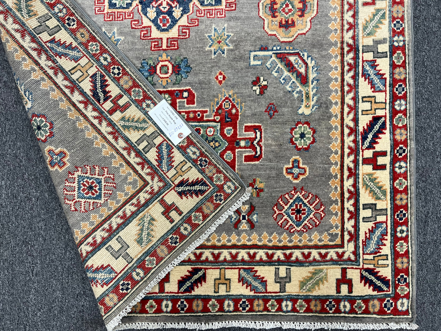 Gray Kazak Geometric 4X6 Handmade Wool Rug # 13763