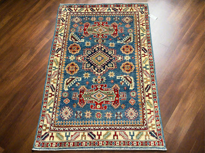 Kazak Light Blue 4X6 Handmade Wool Rug # 13844