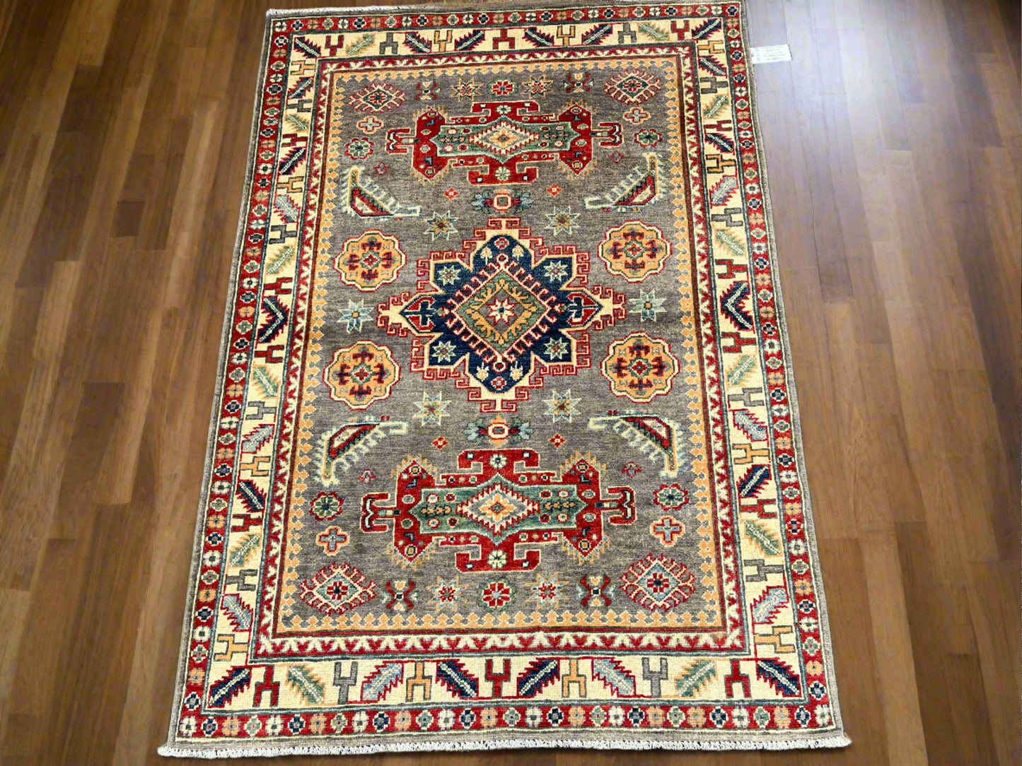 Gray Kazak Geometric 4X6 Handmade Wool Rug # 13850