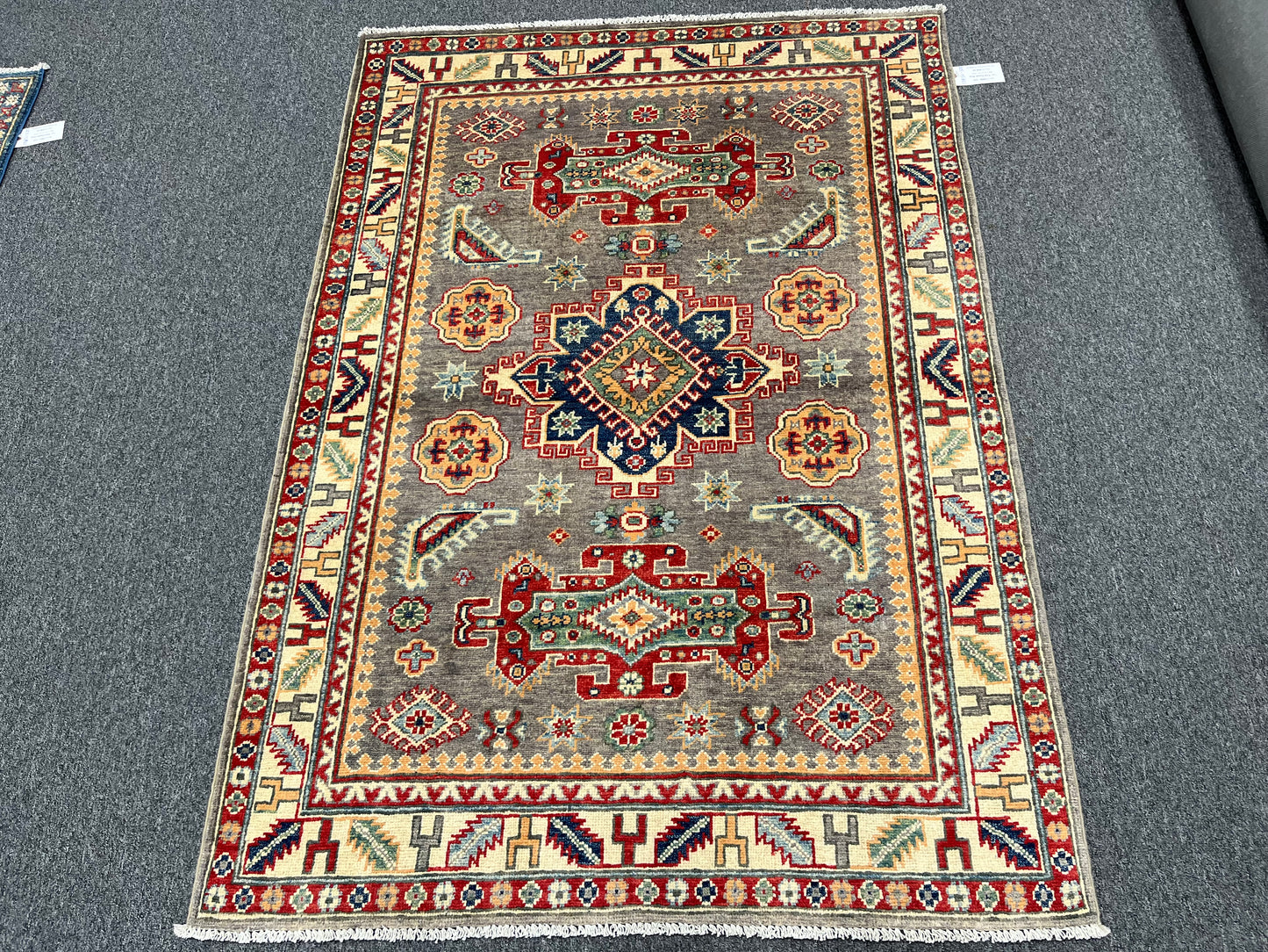 Gray Kazak Geometric 4X6 Handmade Wool Rug # 13850