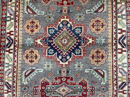 Gray Kazak Geometric 4X6 Handmade Wool Rug # 13850