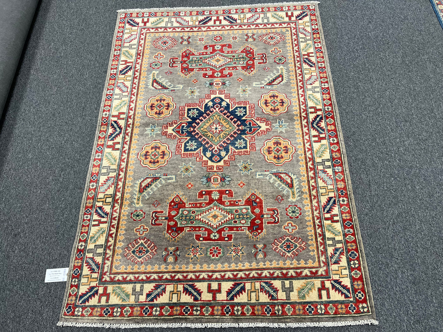 Gray Kazak Geometric 4X6 Handmade Wool Rug # 13850