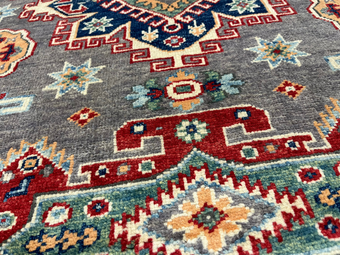 Gray Kazak Geometric 4X6 Handmade Wool Rug # 13850