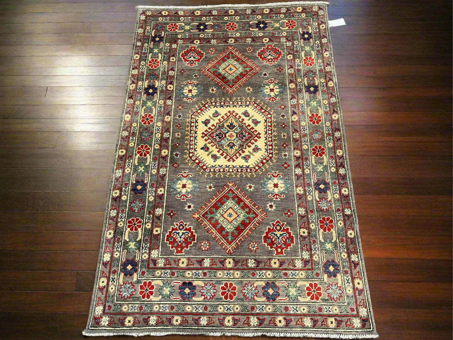 Kazak Brown Geometric 4X6 Handmade Wool Rug # 13585