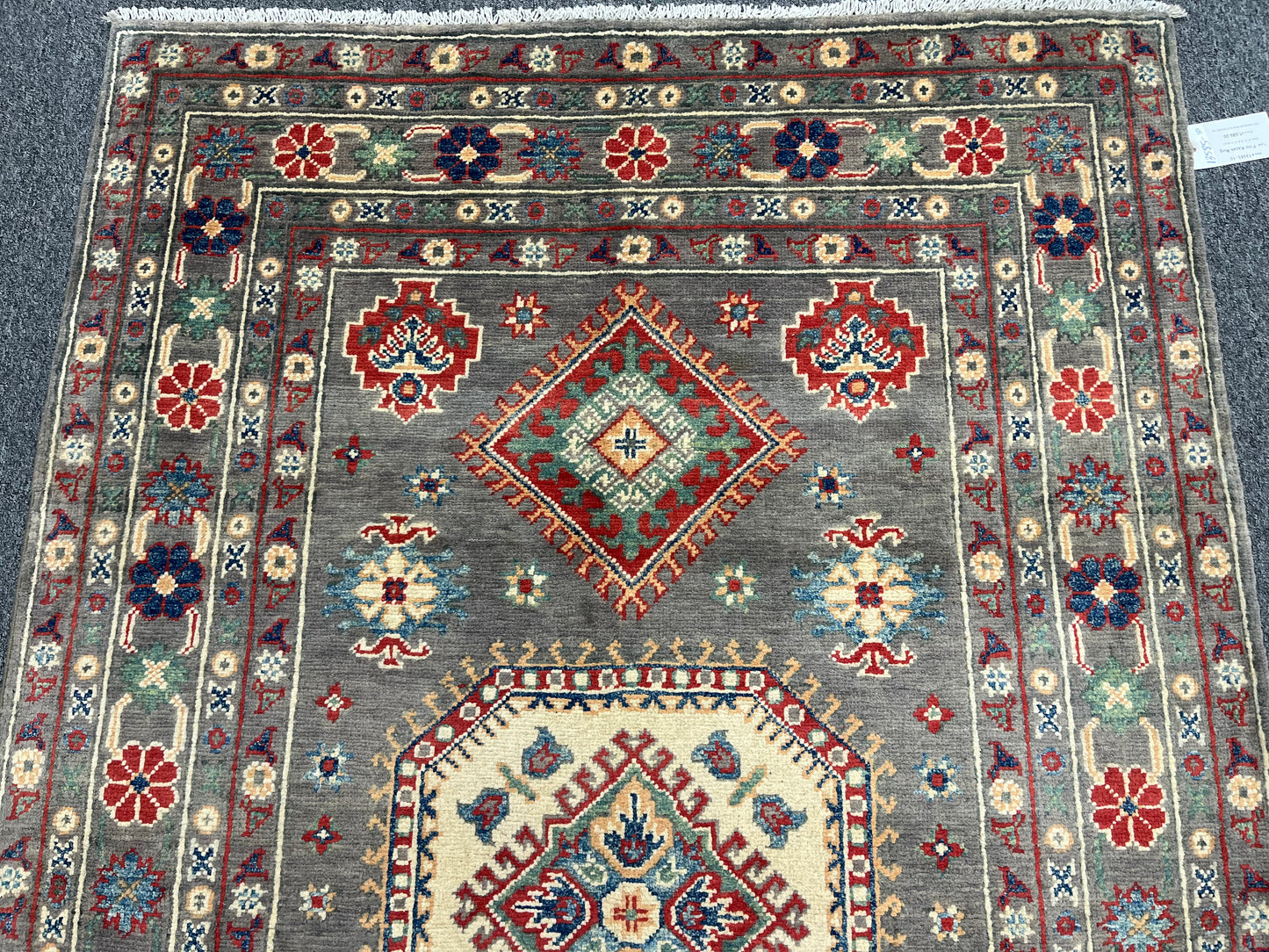 Kazak Brown Geometric 4X6 Handmade Wool Rug # 13585