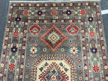 Kazak Brown Geometric 4X6 Handmade Wool Rug # 13585