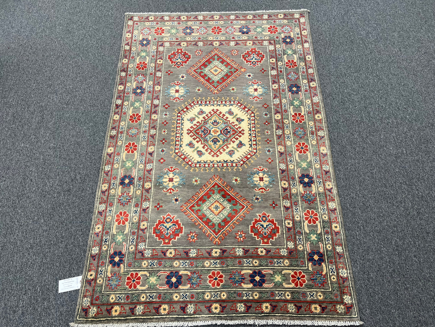 Kazak Brown Geometric 4X6 Handmade Wool Rug # 13585