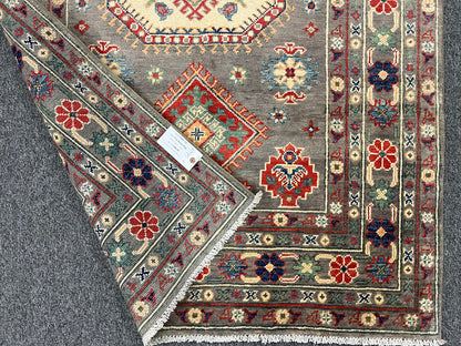 Kazak Brown Geometric 4X6 Handmade Wool Rug # 13585