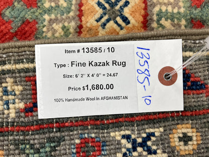 Kazak Brown Geometric 4X6 Handmade Wool Rug # 13585