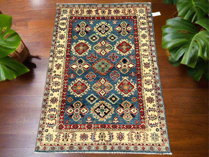 Light Blue Kazak 4X6 Handmade Wool Rug # 13584