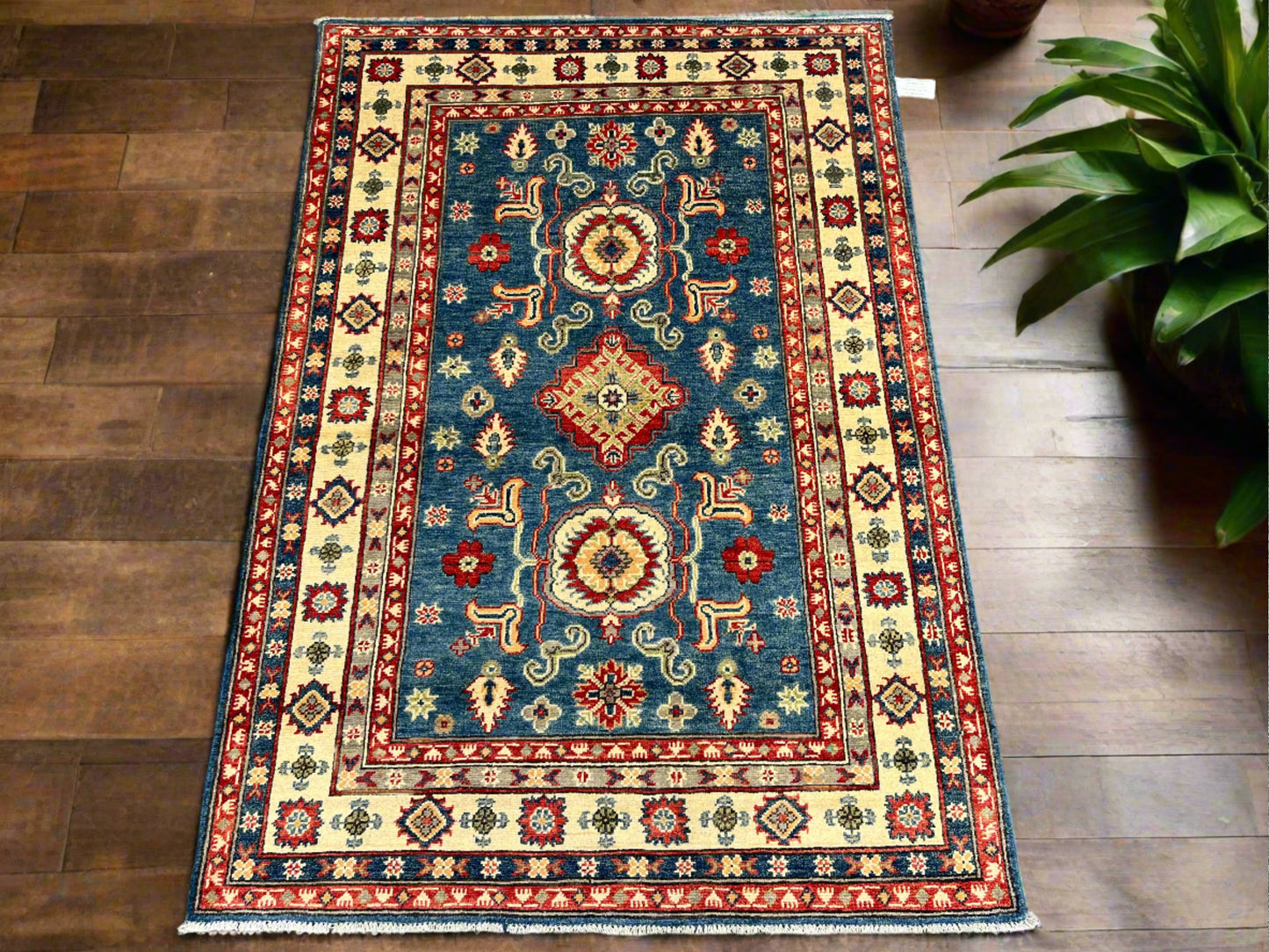 Kazak Light Blue 4X6 Handmade Wool Rug # 13589