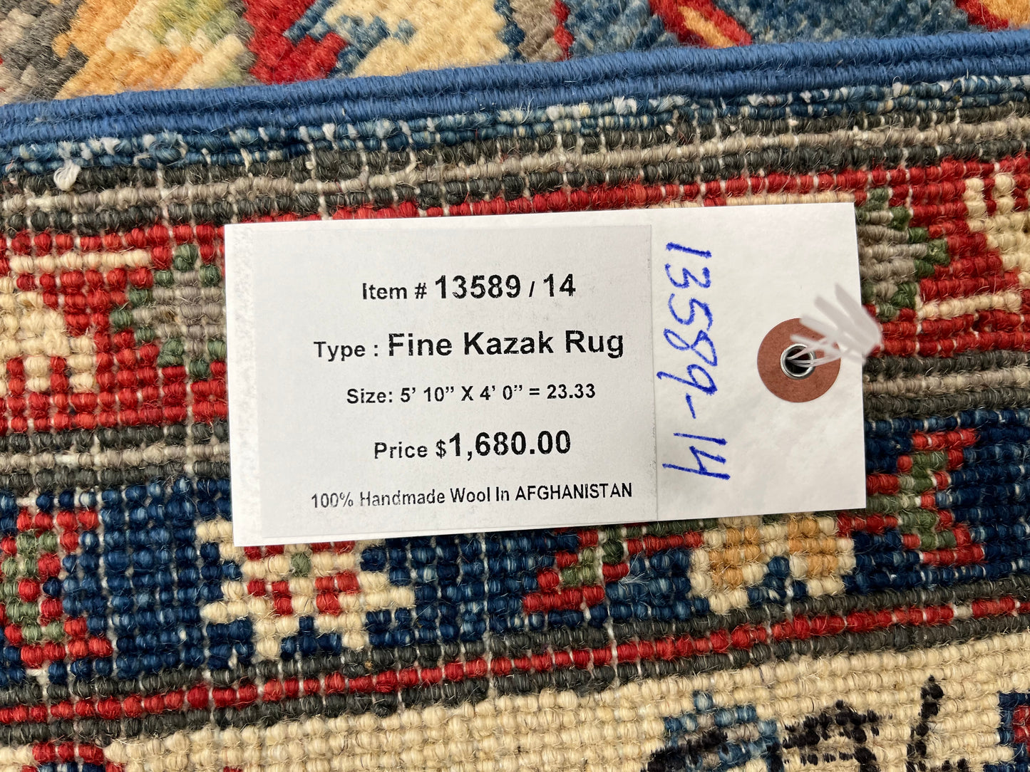 Kazak Light Blue 4X6 Handmade Wool Rug # 13589