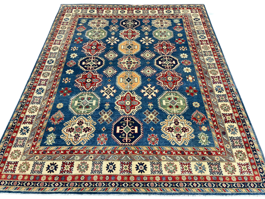 Light Blue Kazak Geometric 8X10 Handmade Wool Rug # 13661