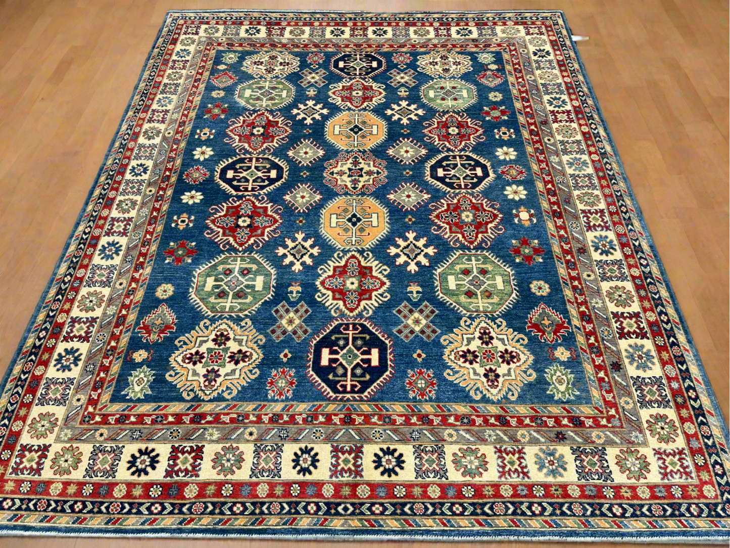 Light Blue Kazak Geometric 8X10 Handmade Wool Rug # 13661