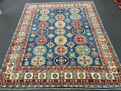 Light Blue Kazak Geometric 8X10 Handmade Wool Rug # 13661