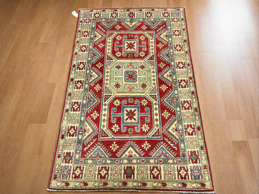 Red/Blue Kazak 4X6 Handmade Wool Rug # 9886