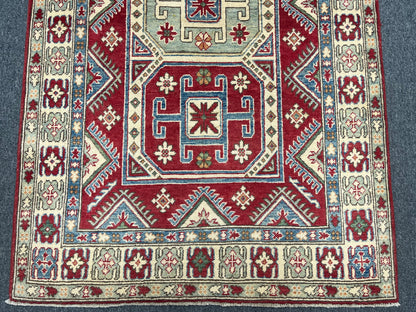 Red/Blue Kazak 4X6 Handmade Wool Rug # 9886