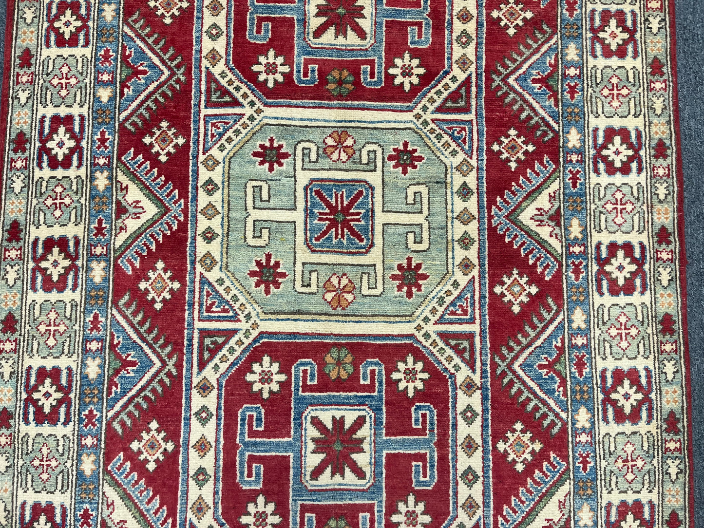 Red/Blue Kazak 4X6 Handmade Wool Rug # 9886