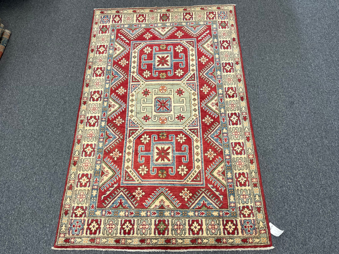 Red/Blue Kazak 4X6 Handmade Wool Rug # 9886