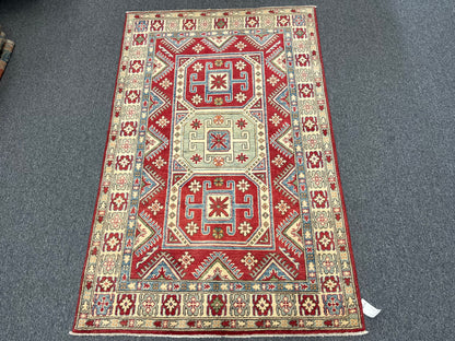 Red/Blue Kazak 4X6 Handmade Wool Rug # 9886