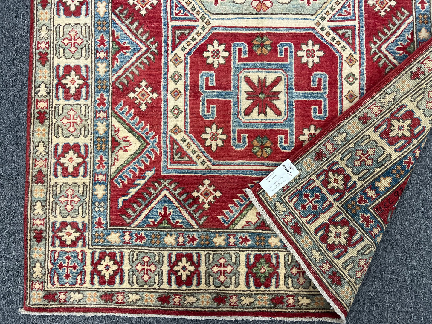 Red/Blue Kazak 4X6 Handmade Wool Rug # 9886