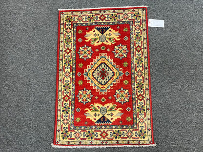 2X3 Red Geometric Kazak Handmade Wool Rug # 13883