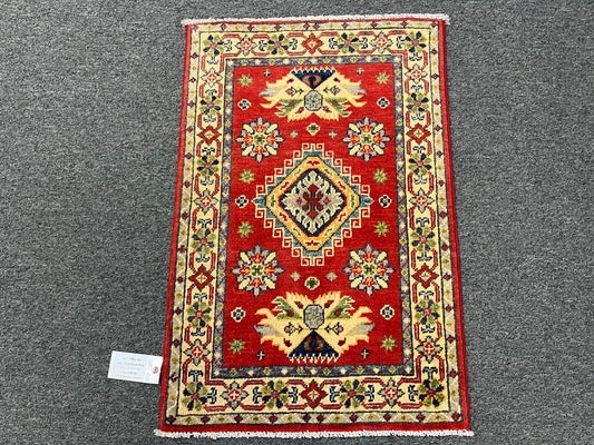 2X3 Red Geometric Kazak Handmade Wool Rug # 13883