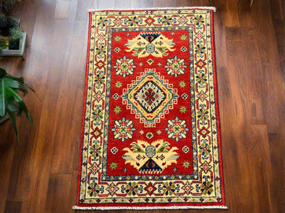 2X3 Red Geometric Kazak Handmade Wool Rug # 13883