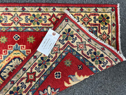 2X3 Red Geometric Kazak Handmade Wool Rug # 13883