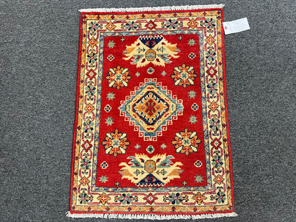 2X3 Red Geometric Kazak Handmade Wool Rug # 13882