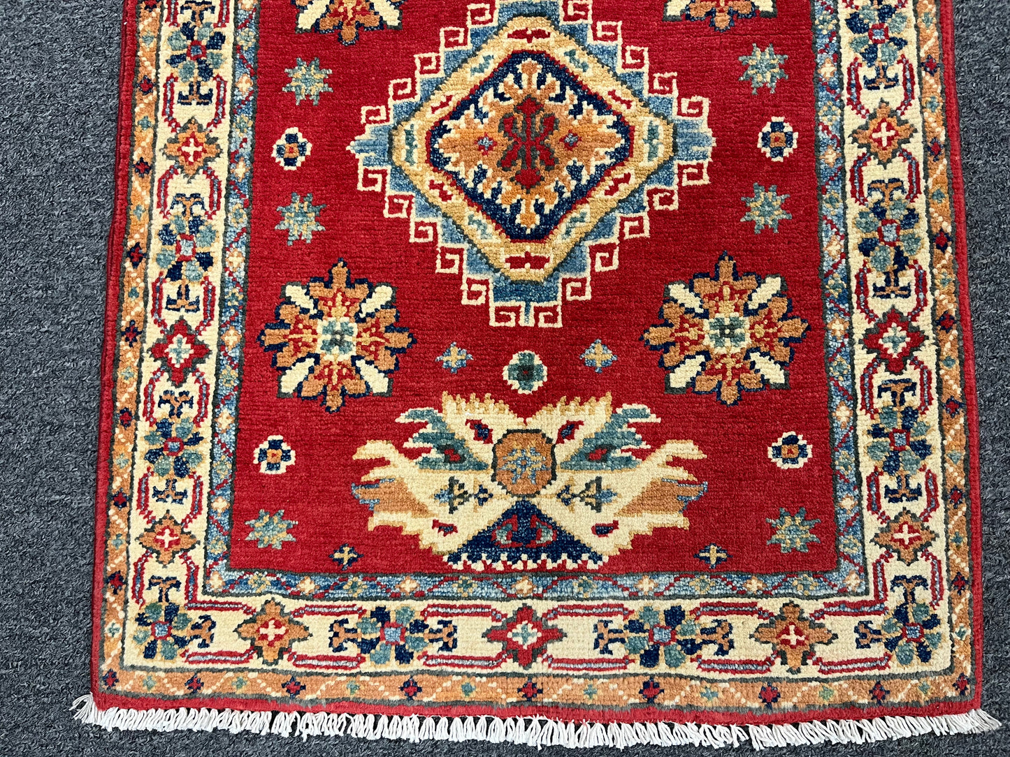 2X3 Red Geometric Kazak Handmade Wool Rug # 13882