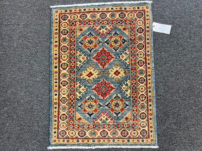 2X3 Blue Geometric Kazak Handmade Wool Rug # 13881